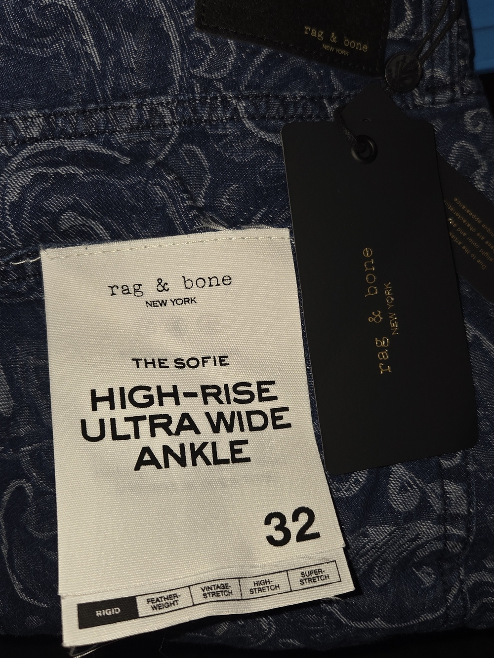 Rag & Bone Sofie Blue Paisley High-Rise Ultra Wide Ankle Jeans NWT - Picture 4 of 4